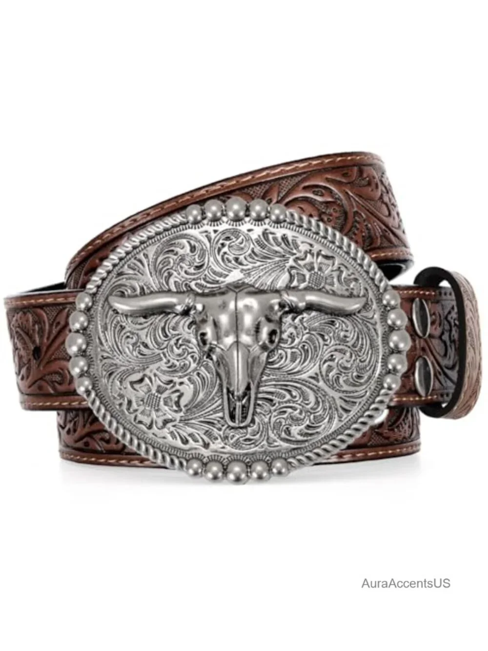 Genuine Leather Cowboy Belt with Longhorn Buckle, Embossed, Western Style for